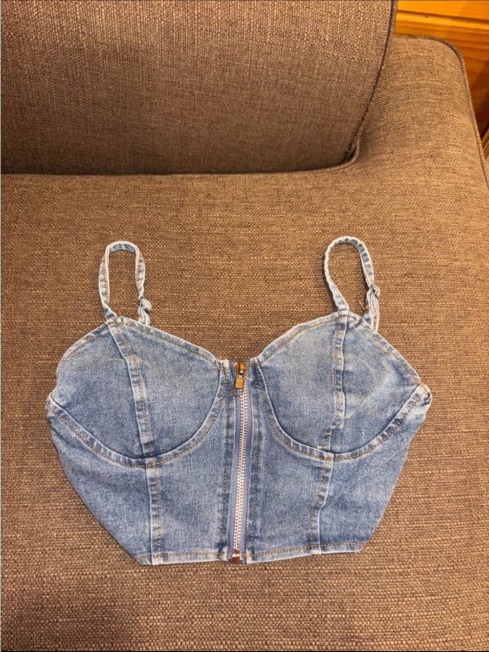 Micas Light Blue Denim Bustier Crop Top with Front Zip
